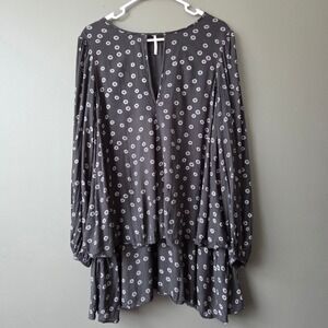 Free People Beck Black Floral Medallion Layered Tunic Mini Dress V-Neck Medium